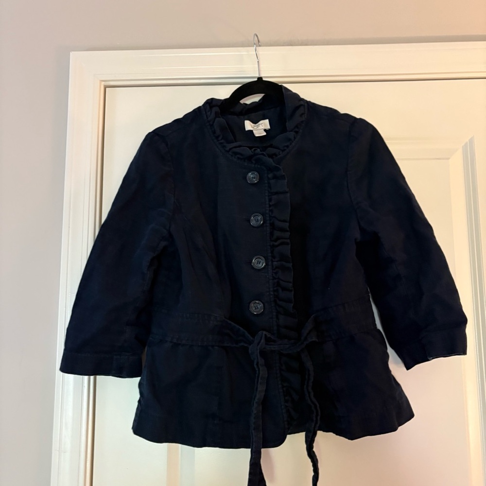 Ann Taylor Loft Women’s Navy Blue Linen/Cotton Blend 3/4 Sleeve Belted Blazer
